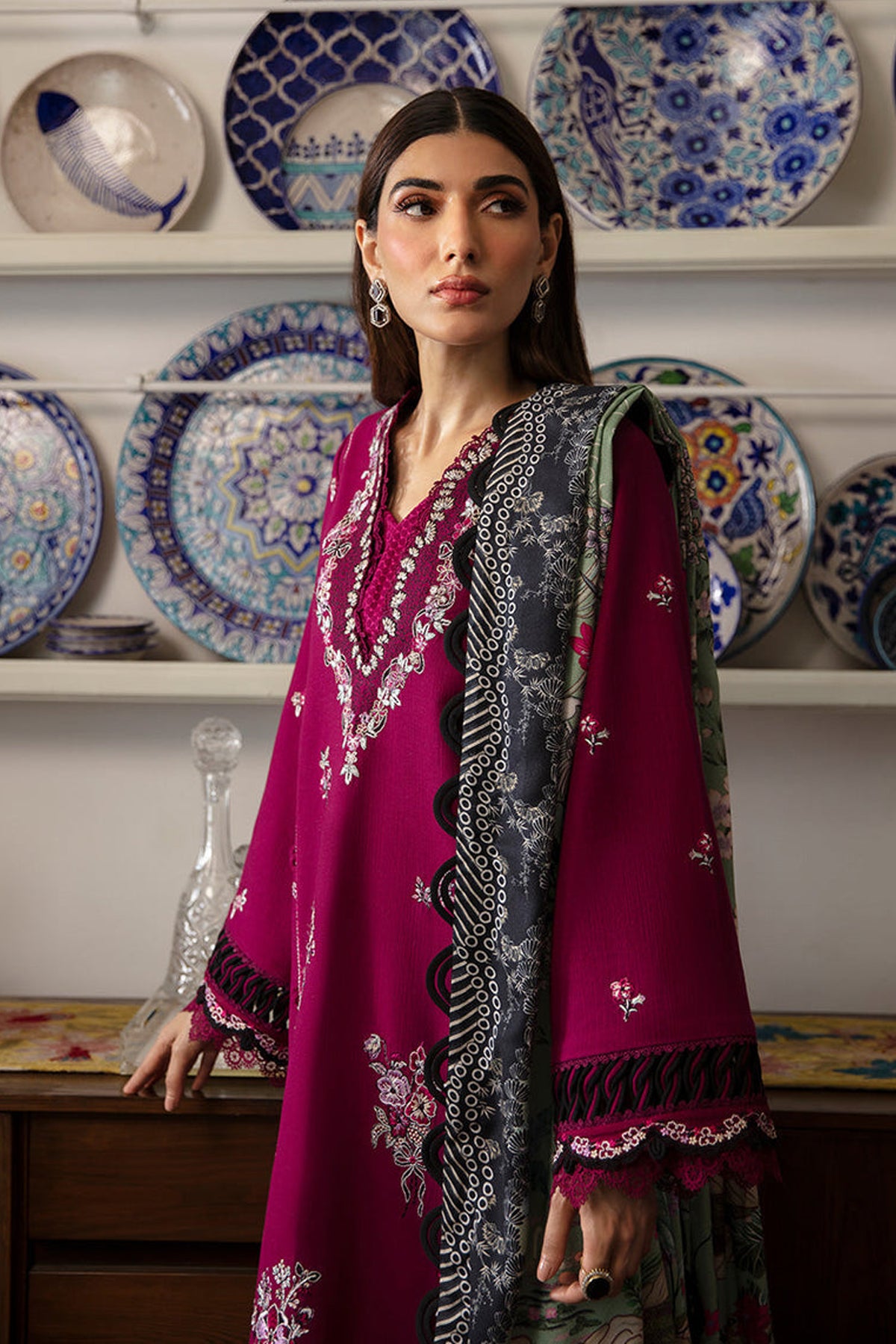 REPUBLIC-3PC DHANAK SEQUENCE EMBROIDERED SHIRT WITH COURTRAI PRINTED SHAWL & DHANAK TOUSER-BIC-4209