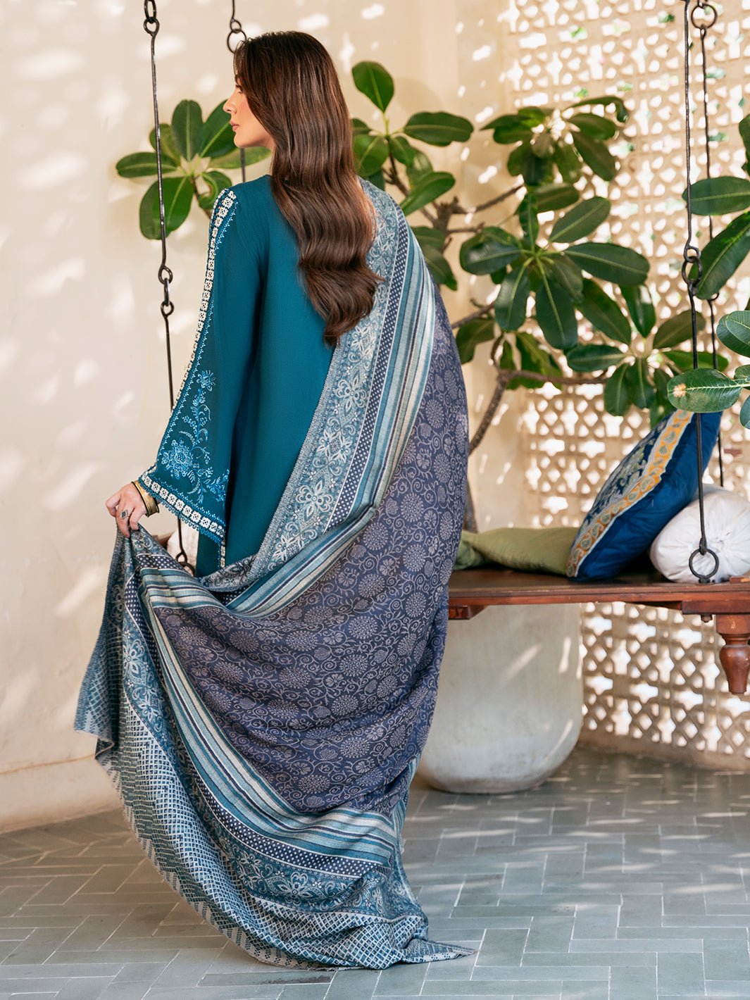 IZEL-3PC DHANAK EMBROIDERED SHIRT WITH COURTRAI PRINTED SHAWL & TROUSER-BIC-4387