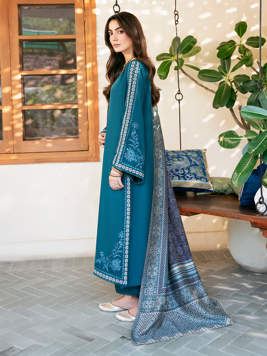 IZEL-3PC DHANAK EMBROIDERED SHIRT WITH COURTRAI PRINTED SHAWL & TROUSER-BIC-4387