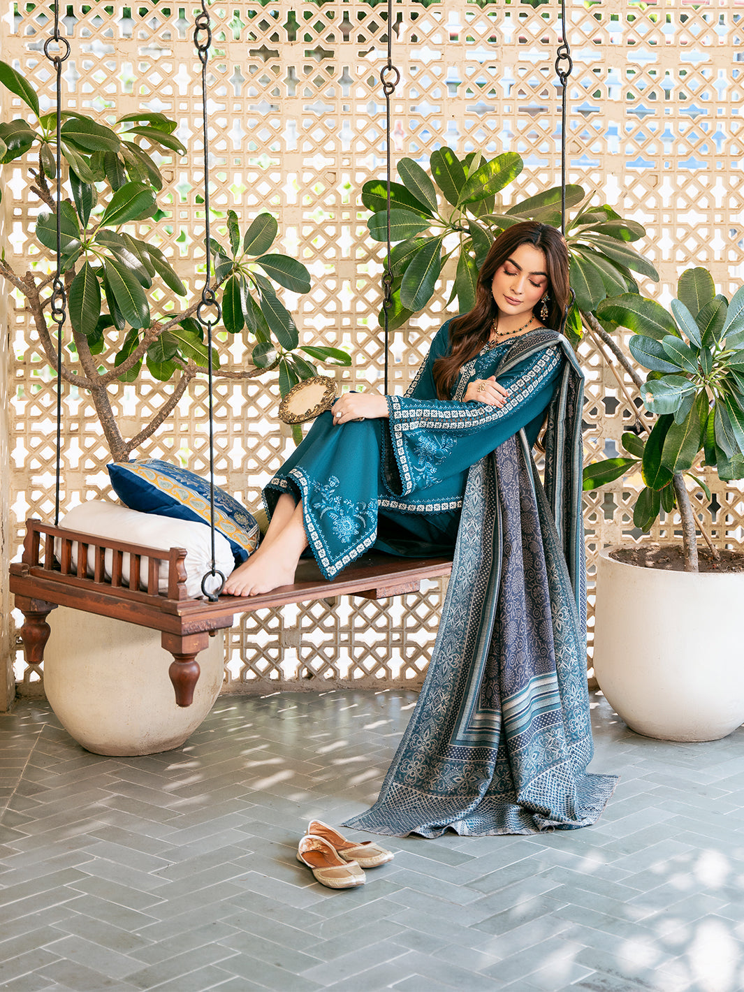 IZEL-3PC DHANAK EMBROIDERED SHIRT WITH COURTRAI PRINTED SHAWL & TROUSER-BIC-4387