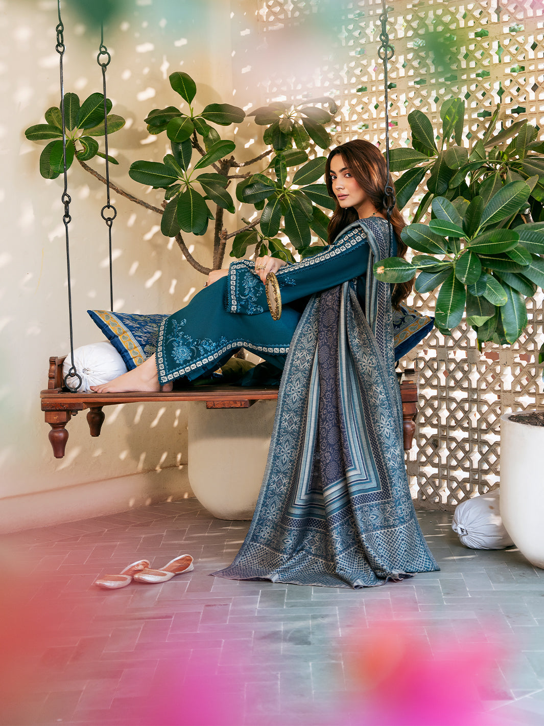 IZEL-3PC DHANAK EMBROIDERED SHIRT WITH COURTRAI PRINTED SHAWL & TROUSER-BIC-4387