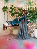 IZEL-3PC DHANAK EMBROIDERED SHIRT WITH COURTRAI PRINTED SHAWL & TROUSER-BIC-4387