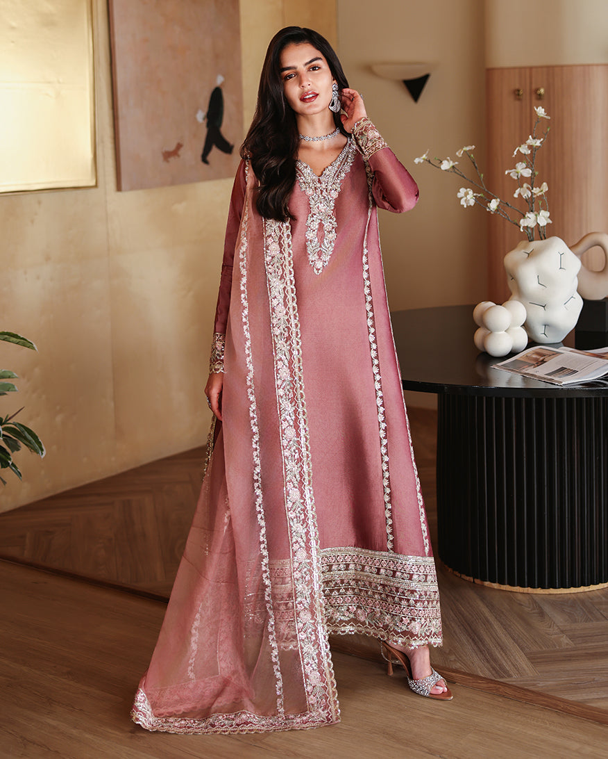 MUSHQ-3PC-RAW SILK HAND EMB EMBELLISHED SHIRT WITH SOFT SILK EMB DUPATTA AND RAW SILK TROUSER-BIC-5214
