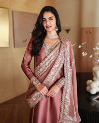 MUSHQ-3PC-RAW SILK HAND EMB EMBELLISHED SHIRT WITH SOFT SILK EMB DUPATTA AND RAW SILK TROUSER-BIC-5214