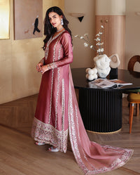 MUSHQ-3PC-RAW SILK HAND EMB EMBELLISHED SHIRT WITH SOFT SILK EMB DUPATTA AND RAW SILK TROUSER-BIC-5214
