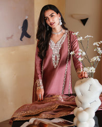 MUSHQ-3PC-RAW SILK HAND EMB EMBELLISHED SHIRT WITH SOFT SILK EMB DUPATTA AND RAW SILK TROUSER-BIC-5214