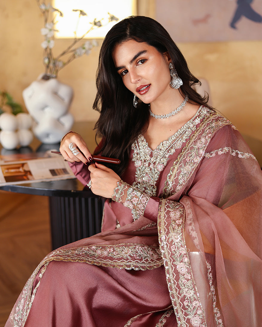 MUSHQ-3PC-RAW SILK HAND EMB EMBELLISHED SHIRT WITH SOFT SILK EMB DUPATTA AND RAW SILK TROUSER-BIC-5214