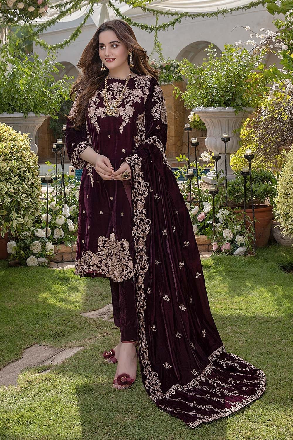 AZURE-3PC VELVET EMBROIDERED SHIRT WITH VELVET EMBROIDERED SHAWL & TROUSER-BIC-D.5