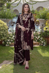 AZURE-3PC VELVET EMBROIDERED SHIRT WITH VELVET EMBROIDERED SHAWL & TROUSER-BIC-D.5