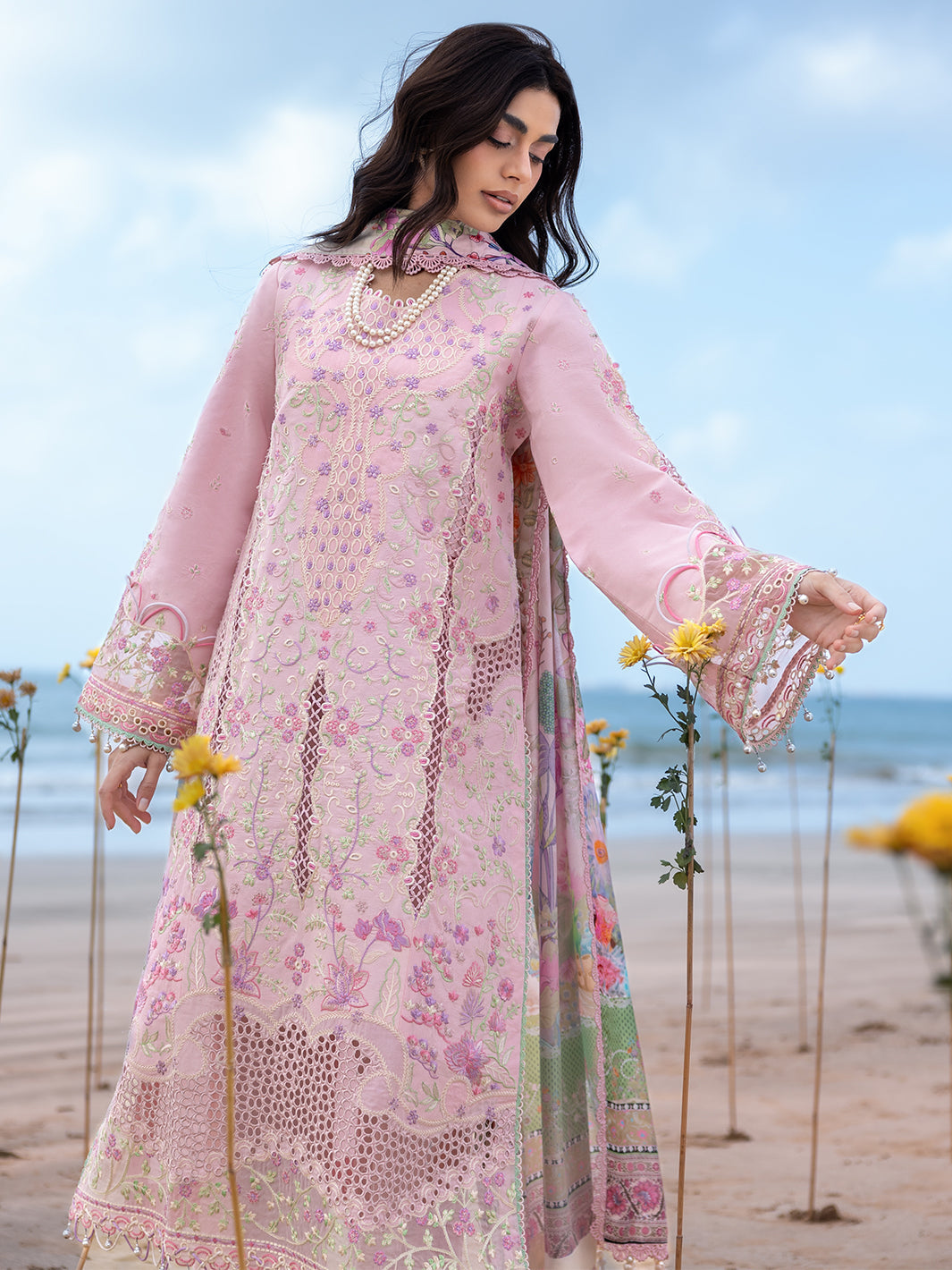 MAHNUR-3PC LAWN CHIKANKAARI EMBROIDERED SHIRT WITH CHIFFON PRINTED DUPATTA AND TROUSER-BIC-4787