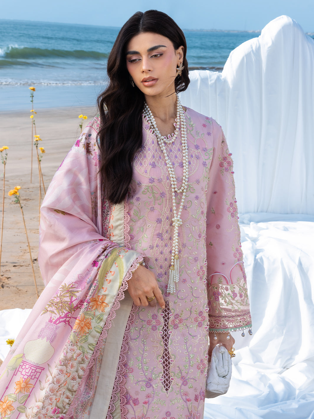 MAHNUR-3PC LAWN CHIKANKAARI EMBROIDERED SHIRT WITH CHIFFON PRINTED DUPATTA AND TROUSER-BIC-4787