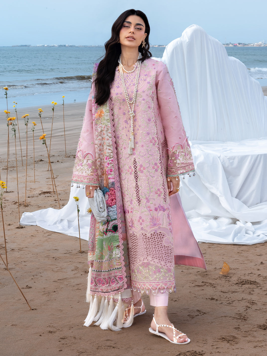 MAHNUR-3PC LAWN CHIKANKAARI EMBROIDERED SHIRT WITH CHIFFON PRINTED DUPATTA AND TROUSER-BIC-4787