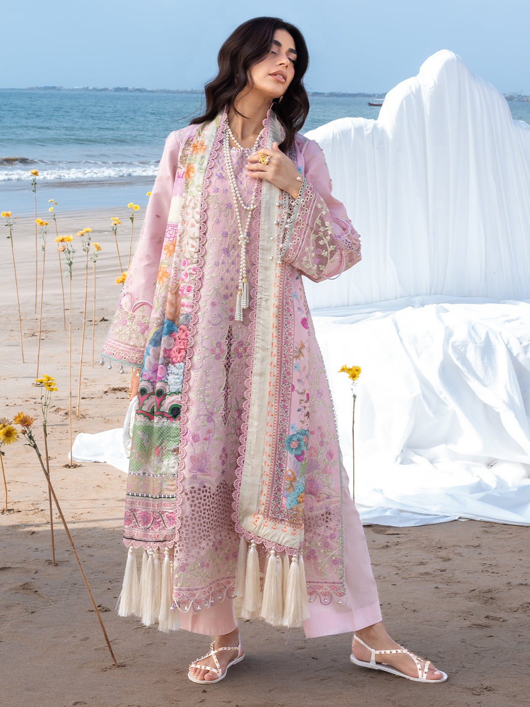 MAHNUR-3PC LAWN CHIKANKAARI EMBROIDERED SHIRT WITH CHIFFON PRINTED DUPATTA AND TROUSER-BIC-4787