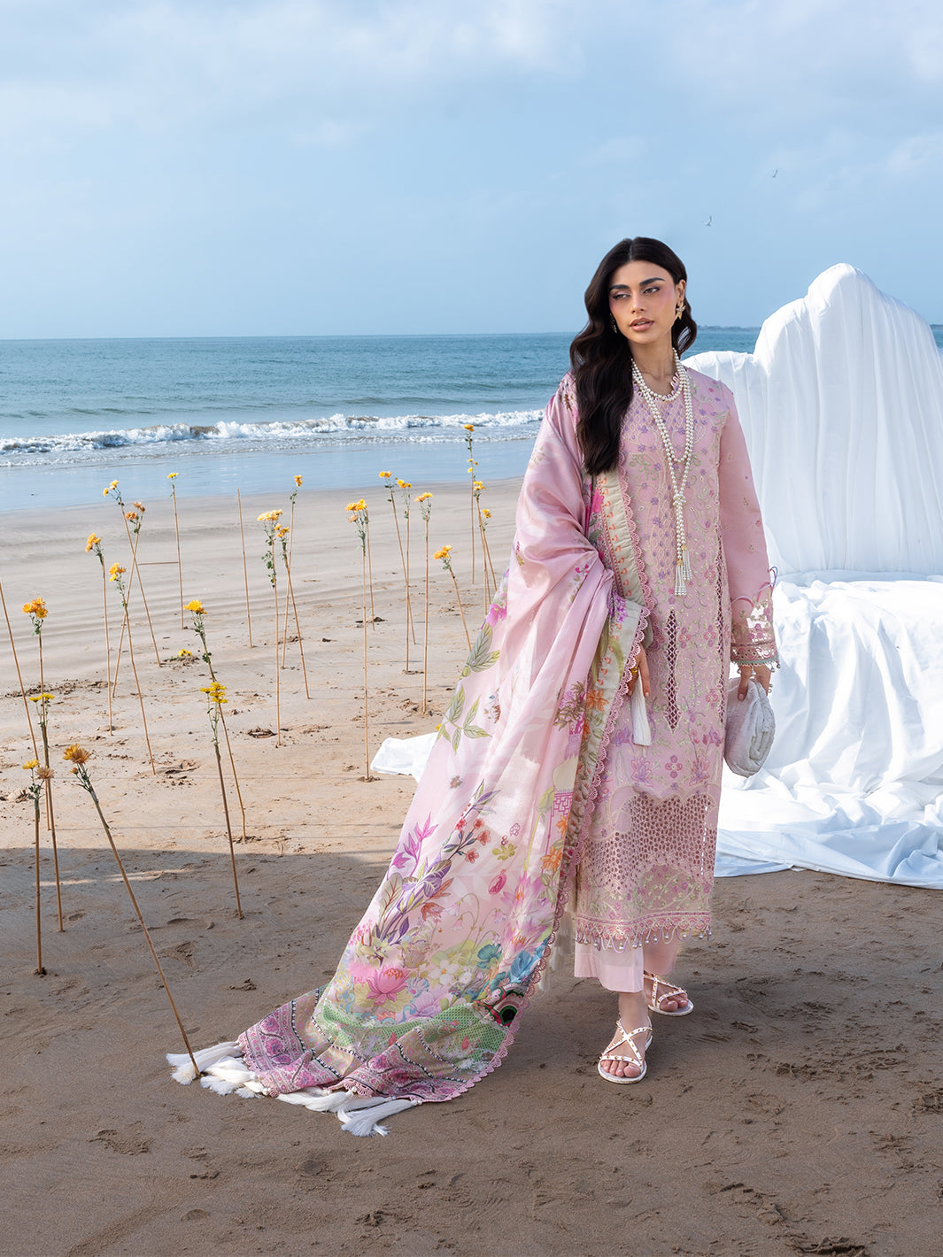 MAHNUR-3PC LAWN CHIKANKAARI EMBROIDERED SHIRT WITH CHIFFON PRINTED DUPATTA AND TROUSER-BIC-4787