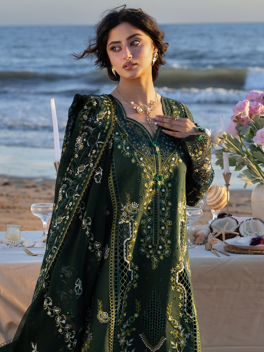 MAHNUR-3PC DHANAK CHIKANKAARI EMBROIDERED SHIRT WITH DHANAK EMBROIDERED SHAWL AND TROUSER-BIC-5259