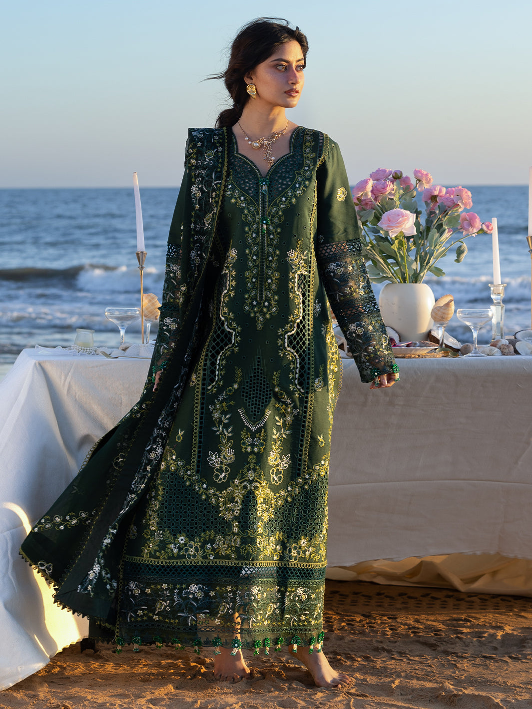 MAHNUR-3PC DHANAK CHIKANKAARI EMBROIDERED SHIRT WITH DHANAK EMBROIDERED SHAWL AND TROUSER-BIC-5259