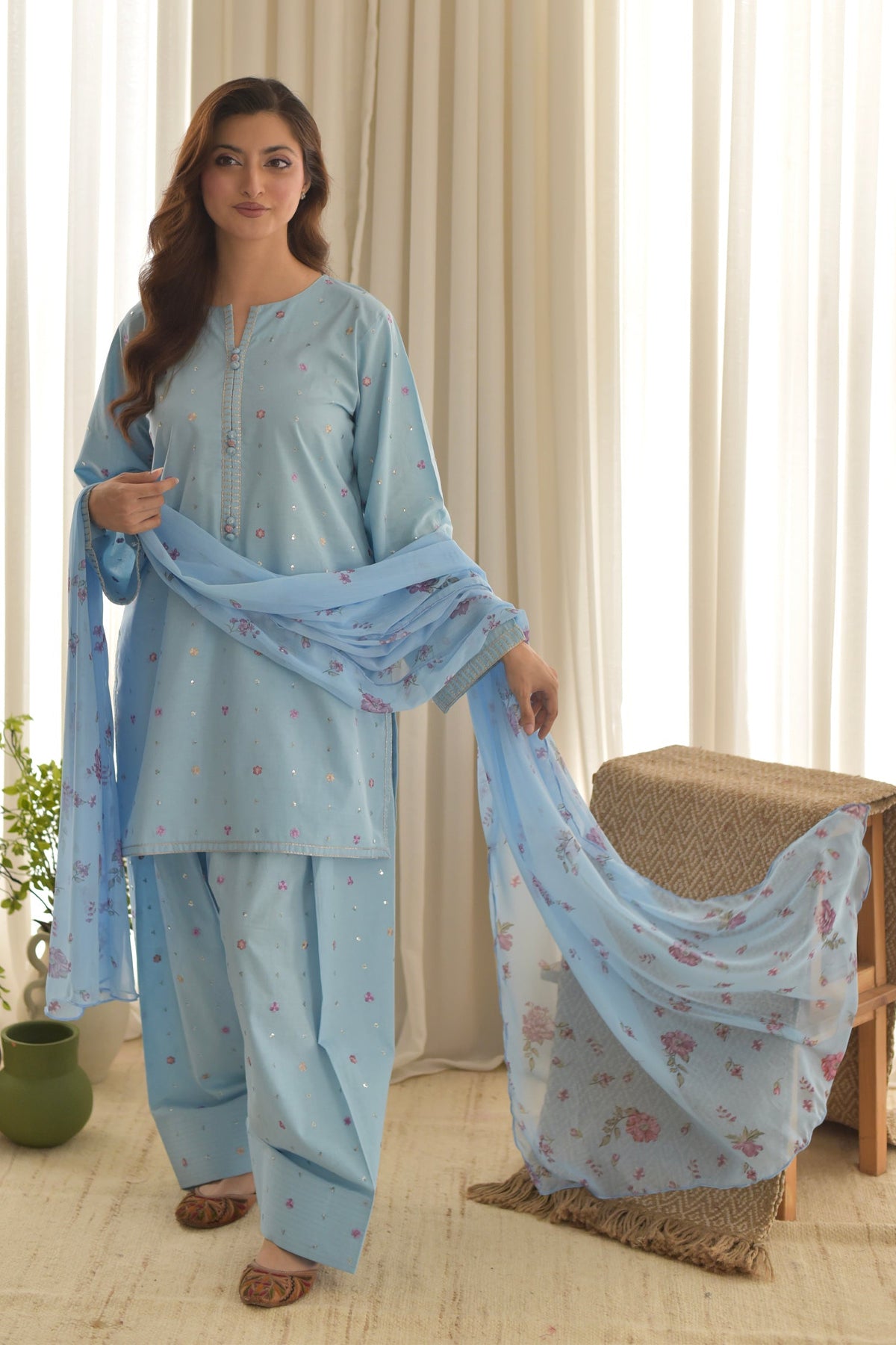 SAPPHIRE-3PC DHANAK EMBROIDERED SHIRT WITH COURTRAI PRINTED SHAWL AND EMB TROUSER-BIC-4255