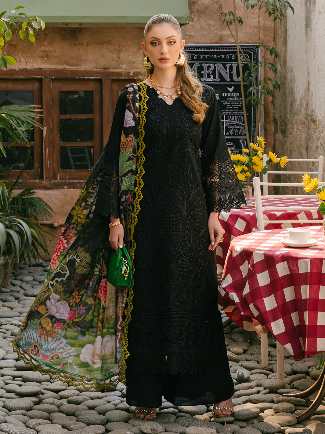 MAHNUR-3PIECE LAWN EMBROIDERED SHIRT WITH CHIFFON PRINTED DUPATTA AND TROUSER-BIC-4662