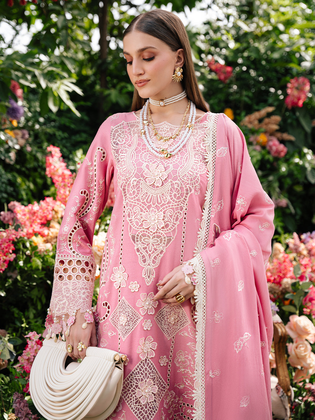 MAHNUR-3PC LAWN LASER WORK EMBROIDERED SHIRT WITH KHAADI NET EMBROIDERED DUPATTA AND TROUSER -BIC-4747