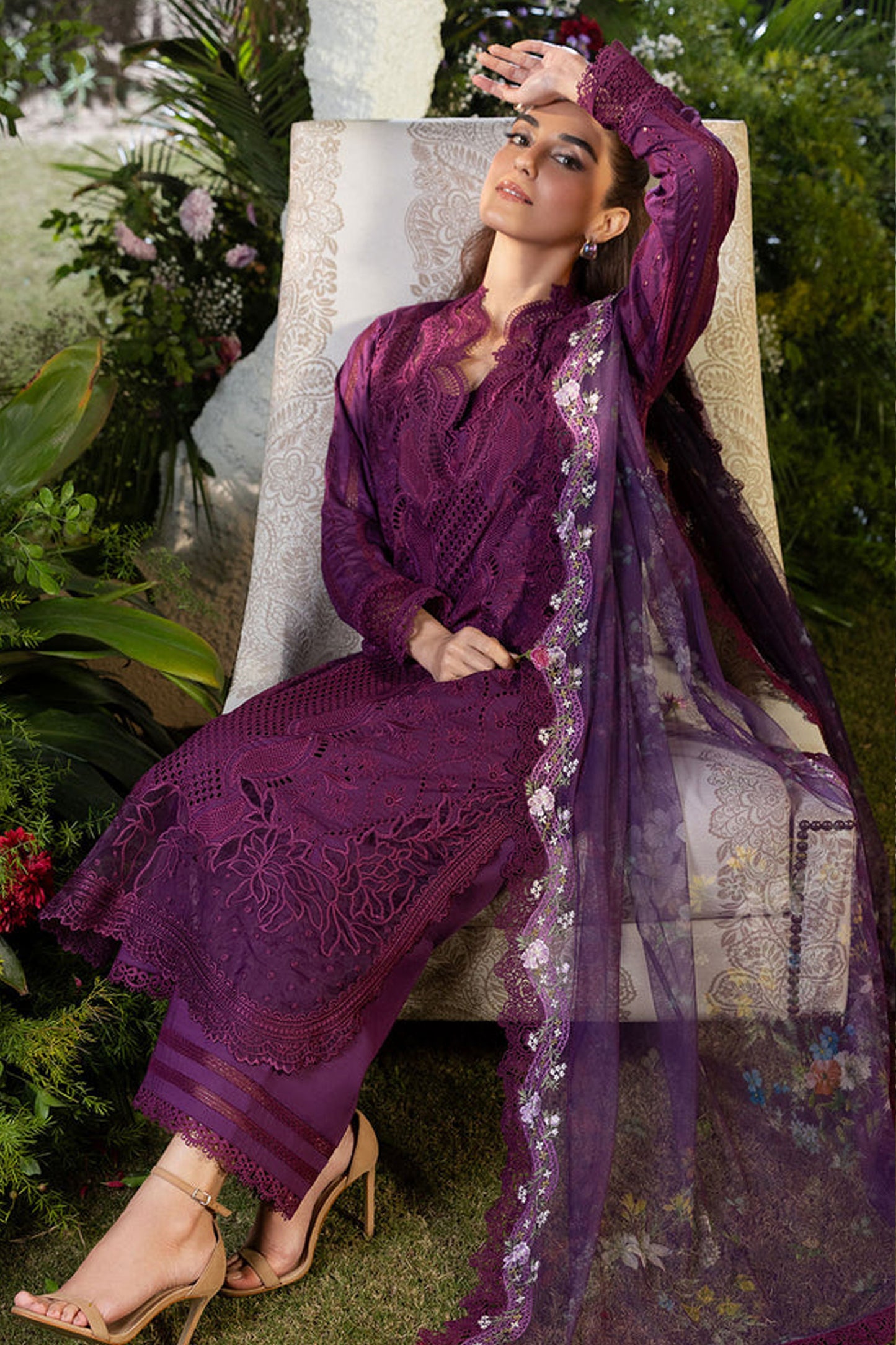 SOBIA NAZIR-3PC LAWN LASERCUT EMBROIDERED SHIRT WITH  MONARK PRINT DUPATTA AND TROUSER BIC-3698