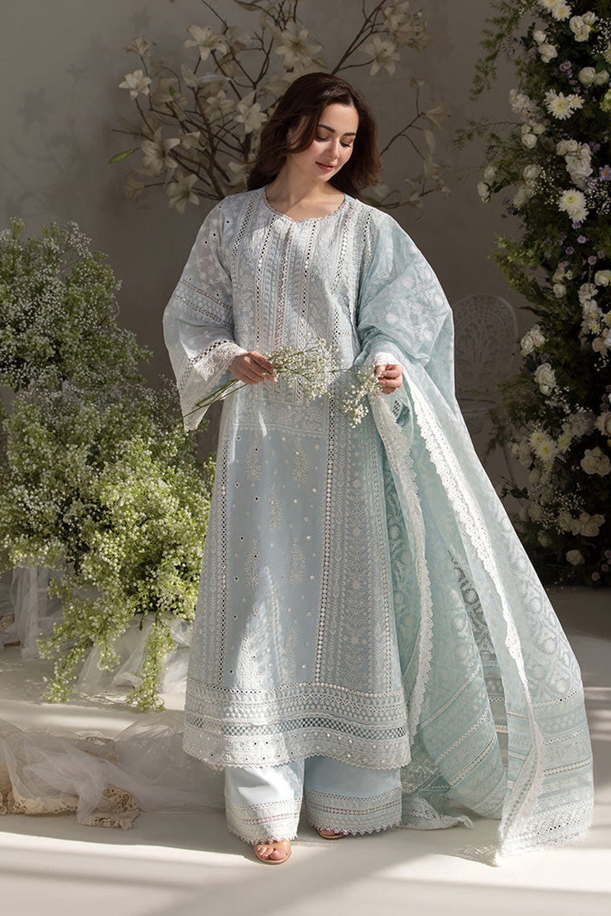 SOBIA NAZIR-3PC LAWN LASERCUTWORK EMBROIDERED SHIRT WITH CHIFFON PRINT EMBROIDERED DUPATTA AND TROUSER-BIC-4774