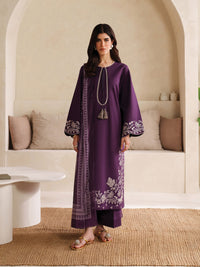 GARNET-3PC DHANAK EMBROIDERED SHIRT WITH COURTRAI PRINTED SHAWL AND TROUSER-BIC-4305