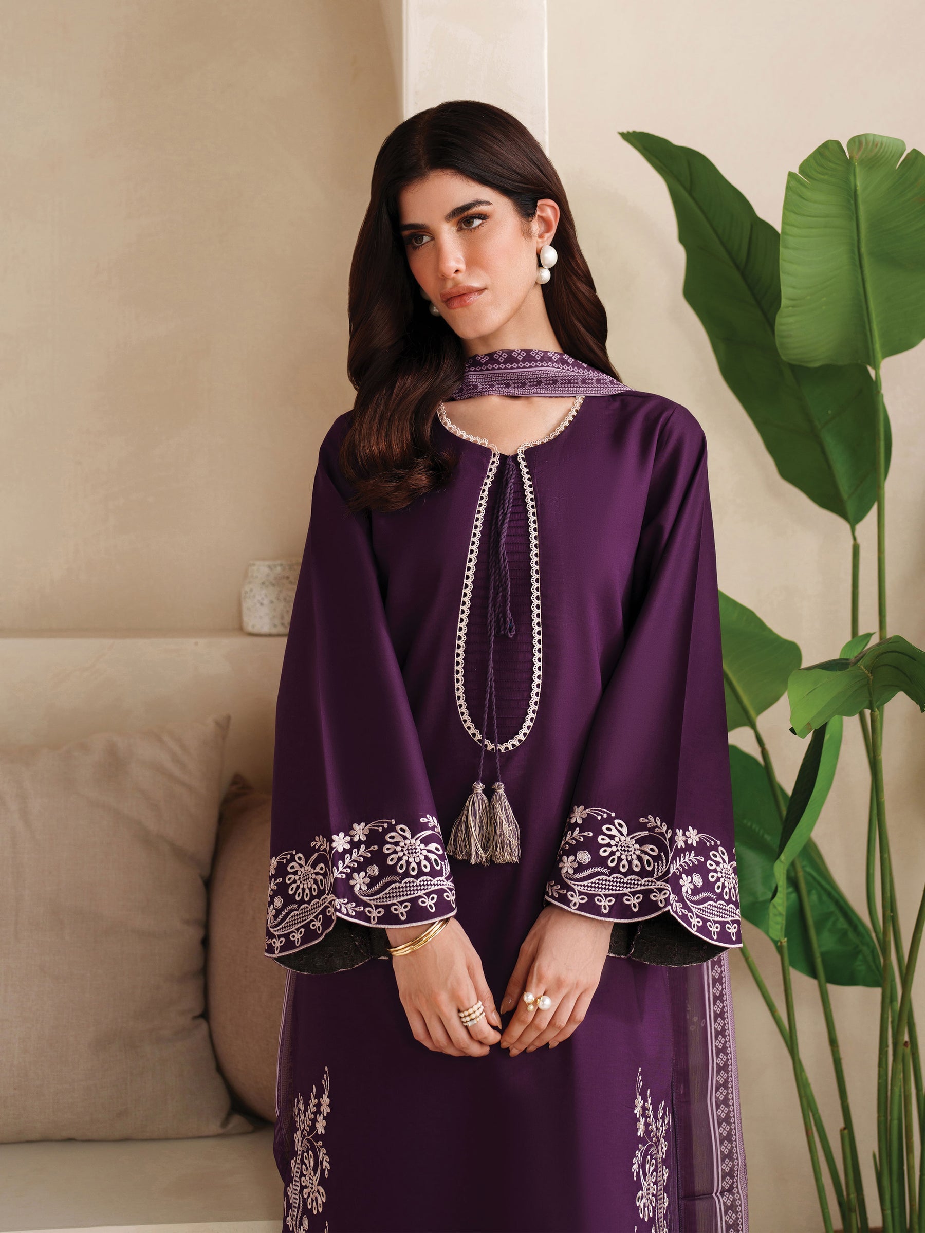 GARNET-3PC DHANAK EMBROIDERED SHIRT WITH COURTRAI PRINTED SHAWL AND TROUSER-BIC-4305