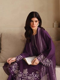 GARNET-3PC DHANAK EMBROIDERED SHIRT WITH COURTRAI PRINTED SHAWL AND TROUSER-BIC-4305