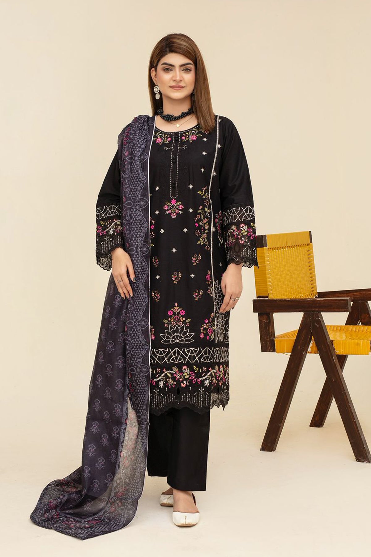 BRANDS INN-WINTER COTTON 3PC EMBROIDERED SHIRT WITH DORIA PRINTED SHAWL-BIC-2011