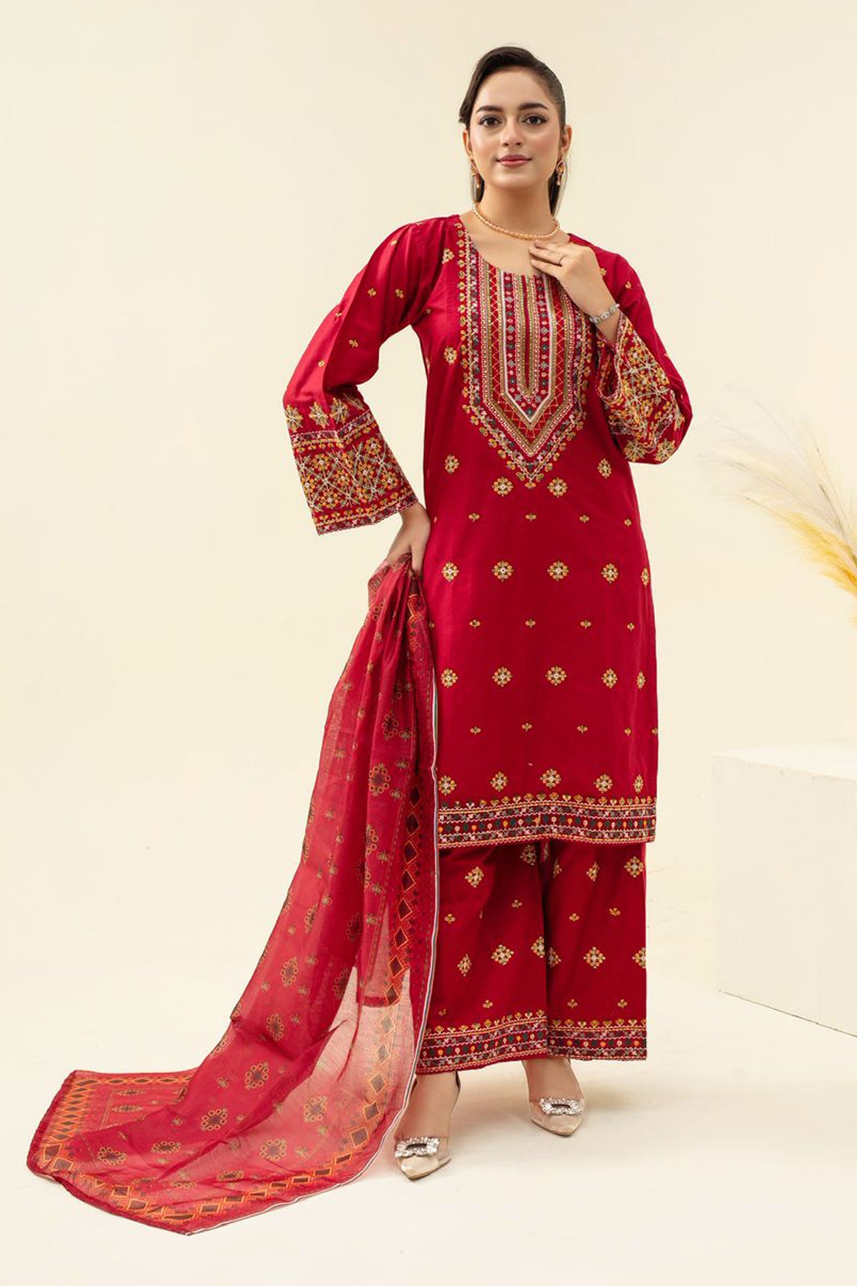 BRANDS INN -WINTER COTTON 3PC EMBROIDERED SHIRT WITH DORIA PRINTED SHAWL-BIC-2008