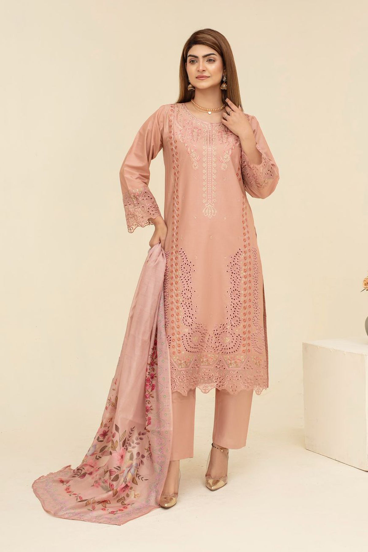 BRANDS INN-WINTER COTTON 3PC EMBROIDERED SHIRT WITH DORIA PRINTED SHAWL-BIC-2009