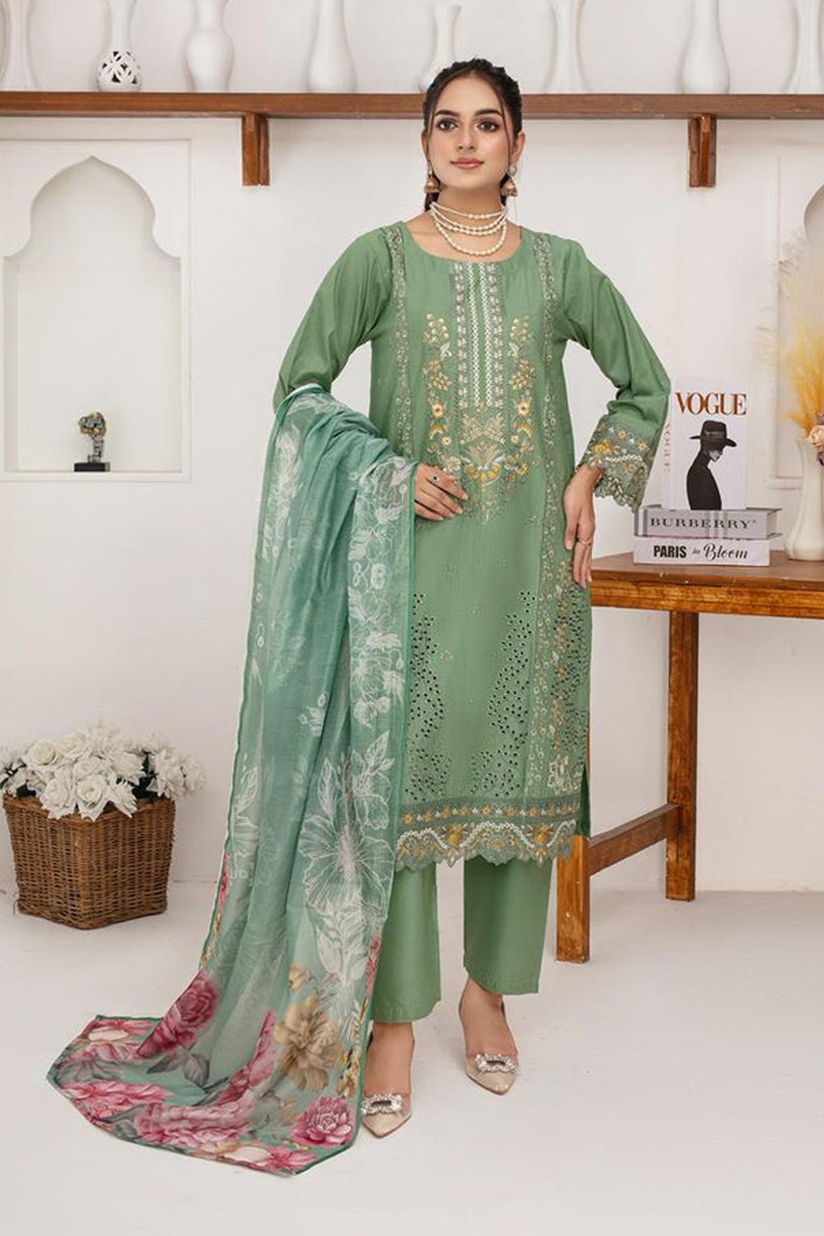 BRANDS INN -WINTER COTTON 3PC EMBROIDERED SHIRT WITH DORIA PRINTED SHAWL-BIC-2005