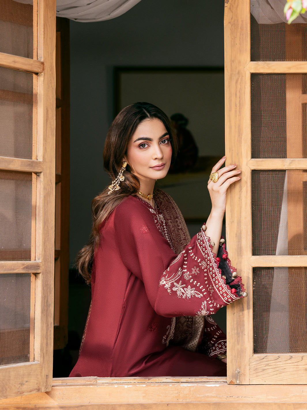 IZEL-3PC DHANAK EMBROIDERED SHIRT WITH COURTRAI PRINTED SHAWL & TROUSER-BIC-4384