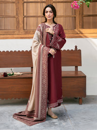 IZEL-3PC DHANAK EMBROIDERED SHIRT WITH COURTRAI PRINTED SHAWL & TROUSER-BIC-4384