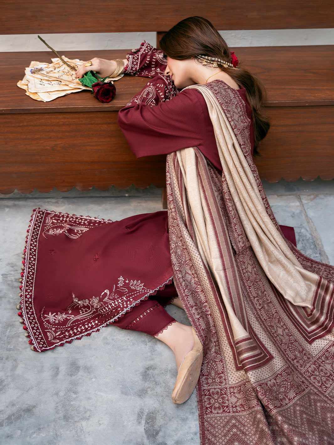 IZEL-3PC DHANAK EMBROIDERED SHIRT WITH COURTRAI PRINTED SHAWL & TROUSER-BIC-4384
