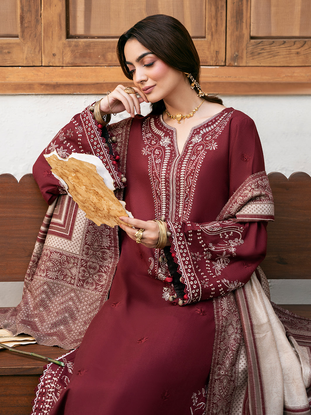 IZEL-3PC DHANAK EMBROIDERED SHIRT WITH COURTRAI PRINTED SHAWL & TROUSER-BIC-4384