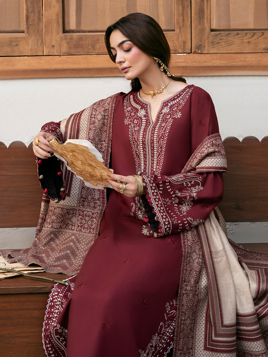 IZEL-3PC DHANAK EMBROIDERED SHIRT WITH COURTRAI PRINTED SHAWL & TROUSER-BIC-4384