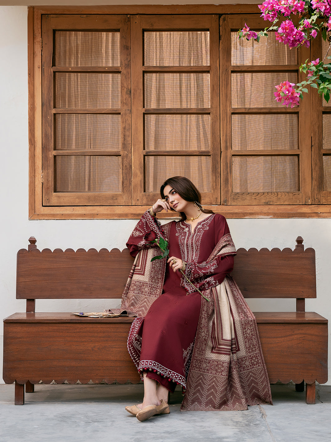IZEL-3PC DHANAK EMBROIDERED SHIRT WITH COURTRAI PRINTED SHAWL & TROUSER-BIC-4384