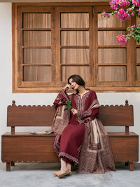 IZEL-3PC DHANAK EMBROIDERED SHIRT WITH COURTRAI PRINTED SHAWL & TROUSER-BIC-4384