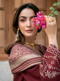 IZEL-3PC DHANAK EMBROIDERED SHIRT WITH COURTRAI PRINTED SHAWL & TROUSER-BIC-4384