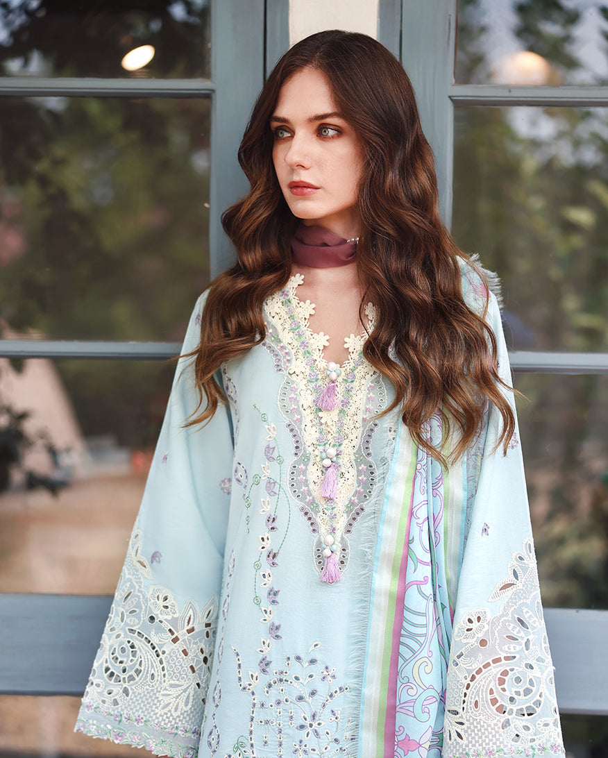 MUSHQ-3PC LAWN CHIKAN EMBROIDERED SHIRT WITH SILK PRINTED DUPATTA AND TROUSER-BIC-4905
