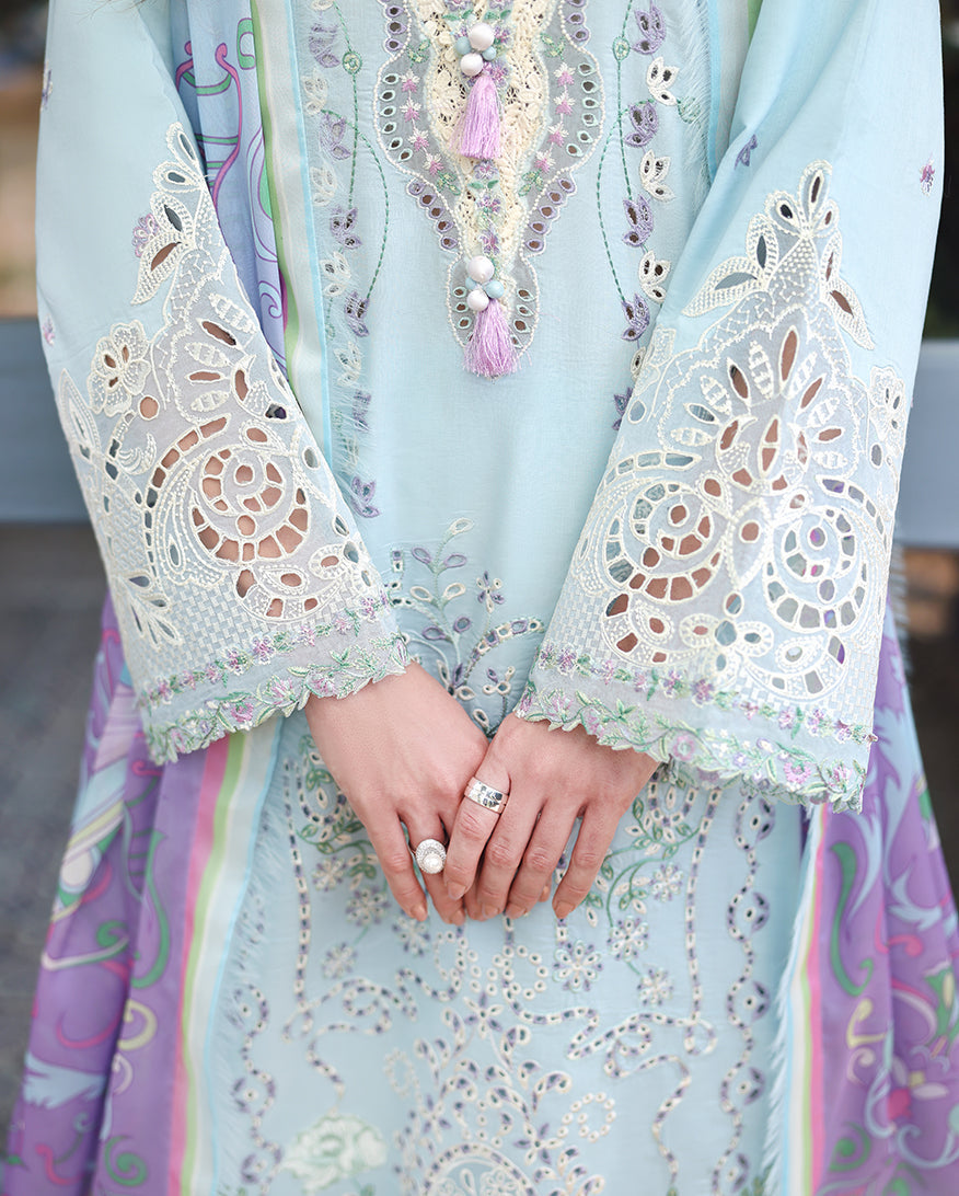 MUSHQ-3PC LAWN CHIKAN EMBROIDERED SHIRT WITH SILK PRINTED DUPATTA AND TROUSER-BIC-4905
