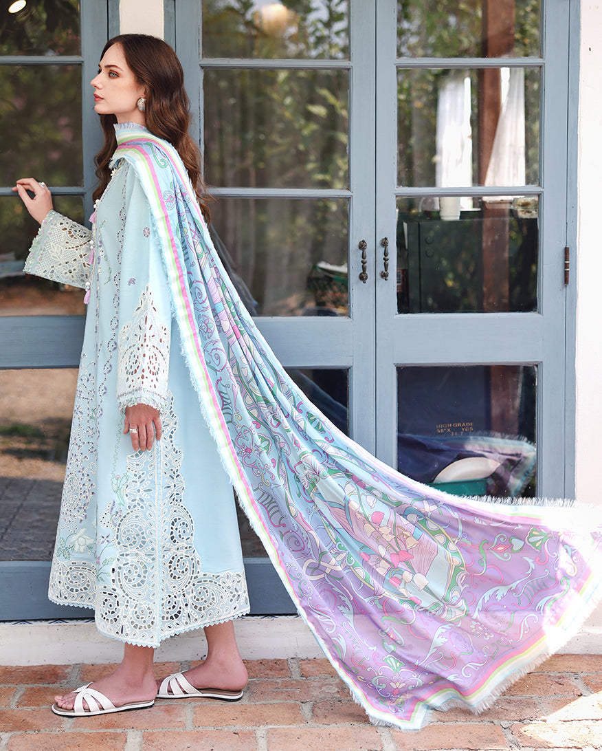 MUSHQ-3PC LAWN CHIKAN EMBROIDERED SHIRT WITH SILK PRINTED DUPATTA AND TROUSER-BIC-4905
