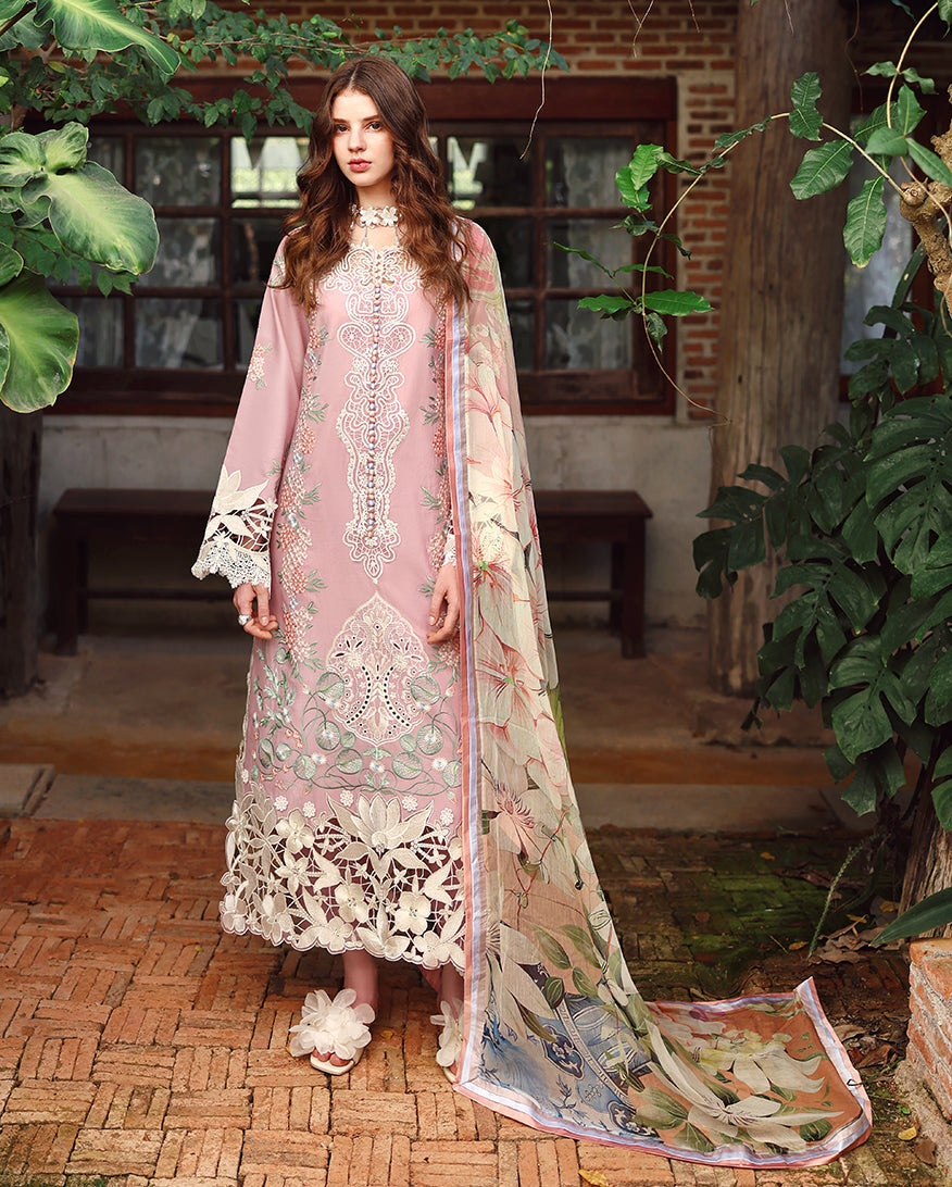 MUSHQ-3PC LAWN EMBROIDERED SHIRT WITH SILK PRINTED DUPATTA AND TROUSER-BIC-4804
