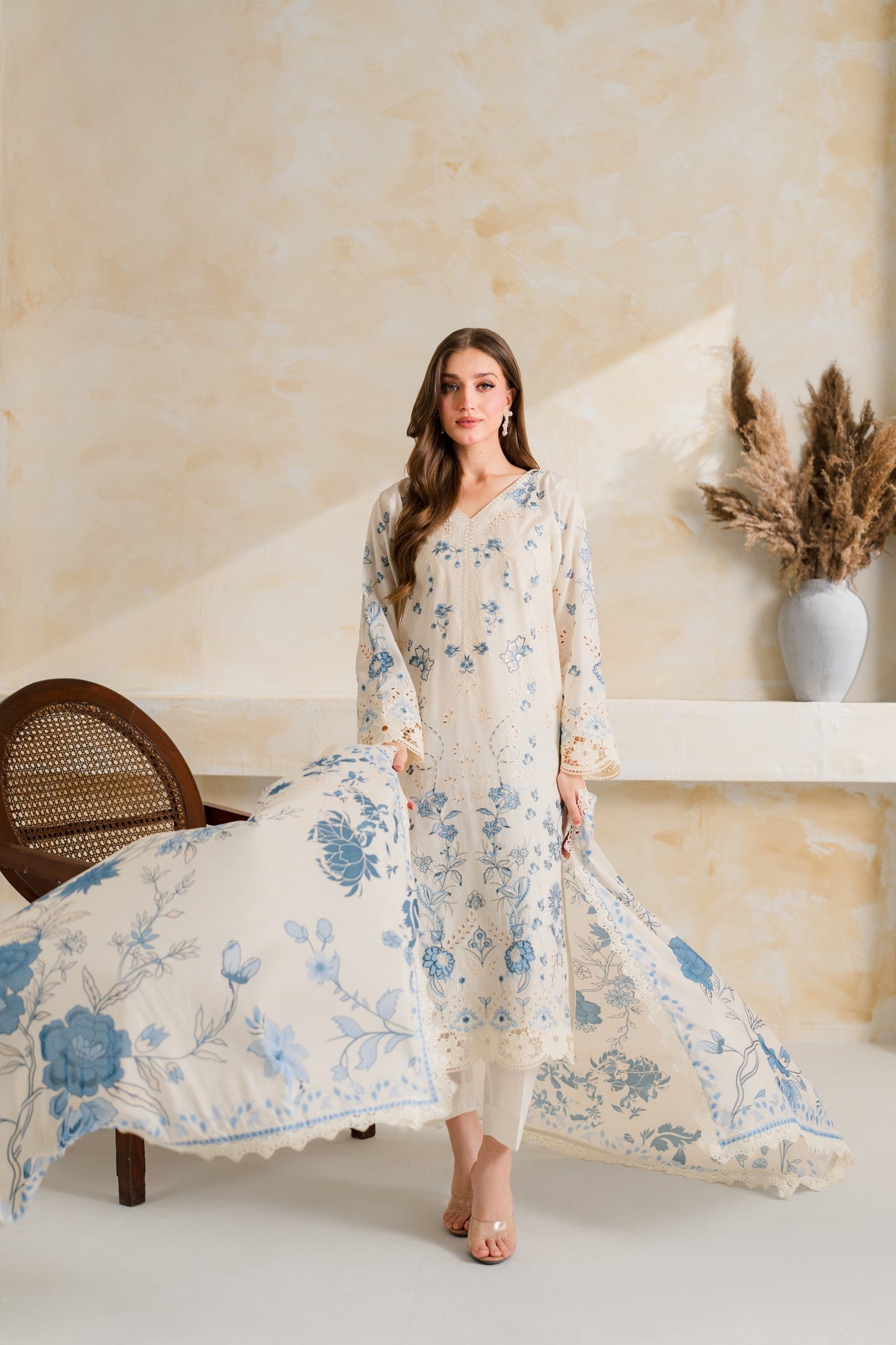 VINTAGE-3PC DHANAK EMBROIDERED SHIRT WITH COURTRAI PRINTED EMB SHAWL AND TROUSER-BIC-5228