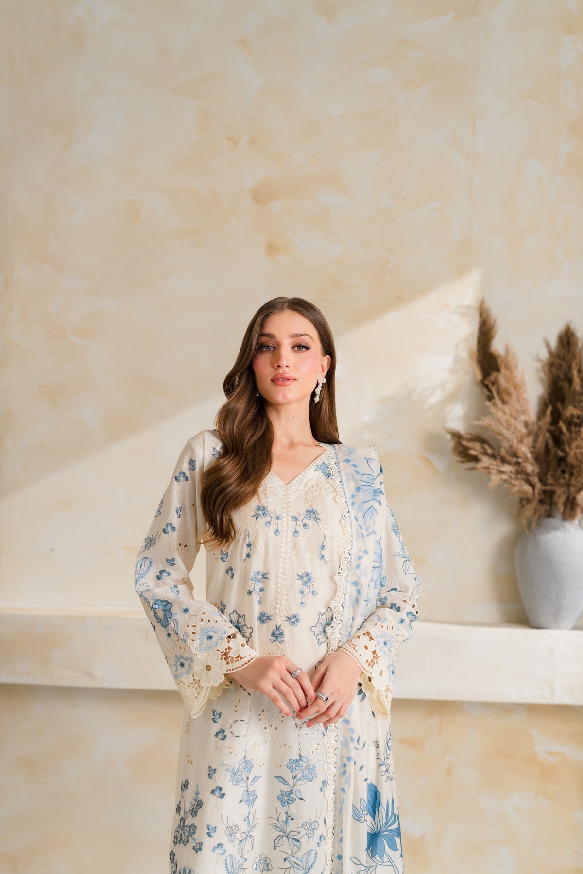 VINTAGE-3PC DHANAK EMBROIDERED SHIRT WITH COURTRAI PRINTED EMB SHAWL AND TROUSER-BIC-5228