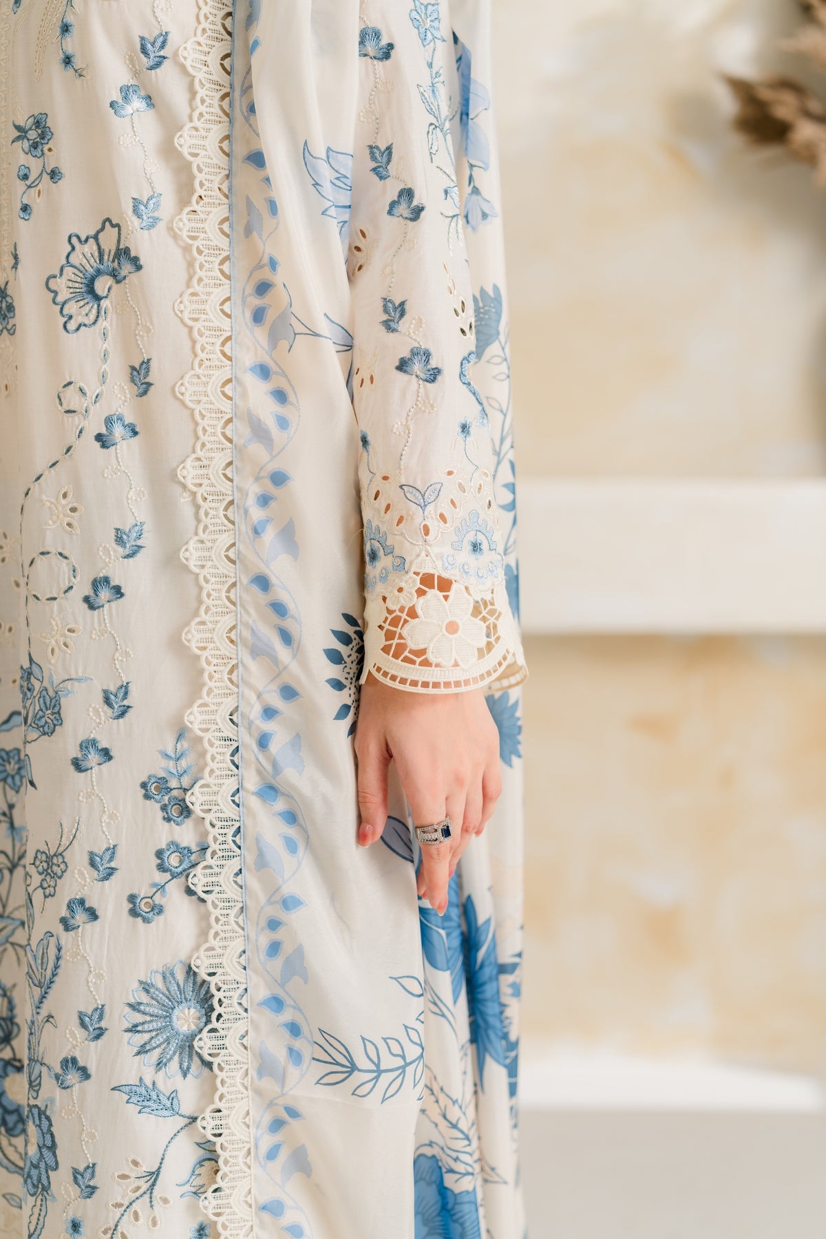 VINTAGE-3PC DHANAK EMBROIDERED SHIRT WITH COURTRAI PRINTED EMB SHAWL AND TROUSER-BIC-5228