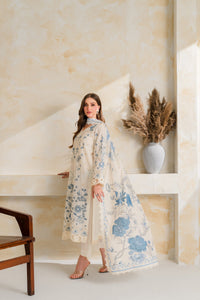 VINTAGE-3PC DHANAK EMBROIDERED SHIRT WITH COURTRAI PRINTED EMB SHAWL AND TROUSER-BIC-5228