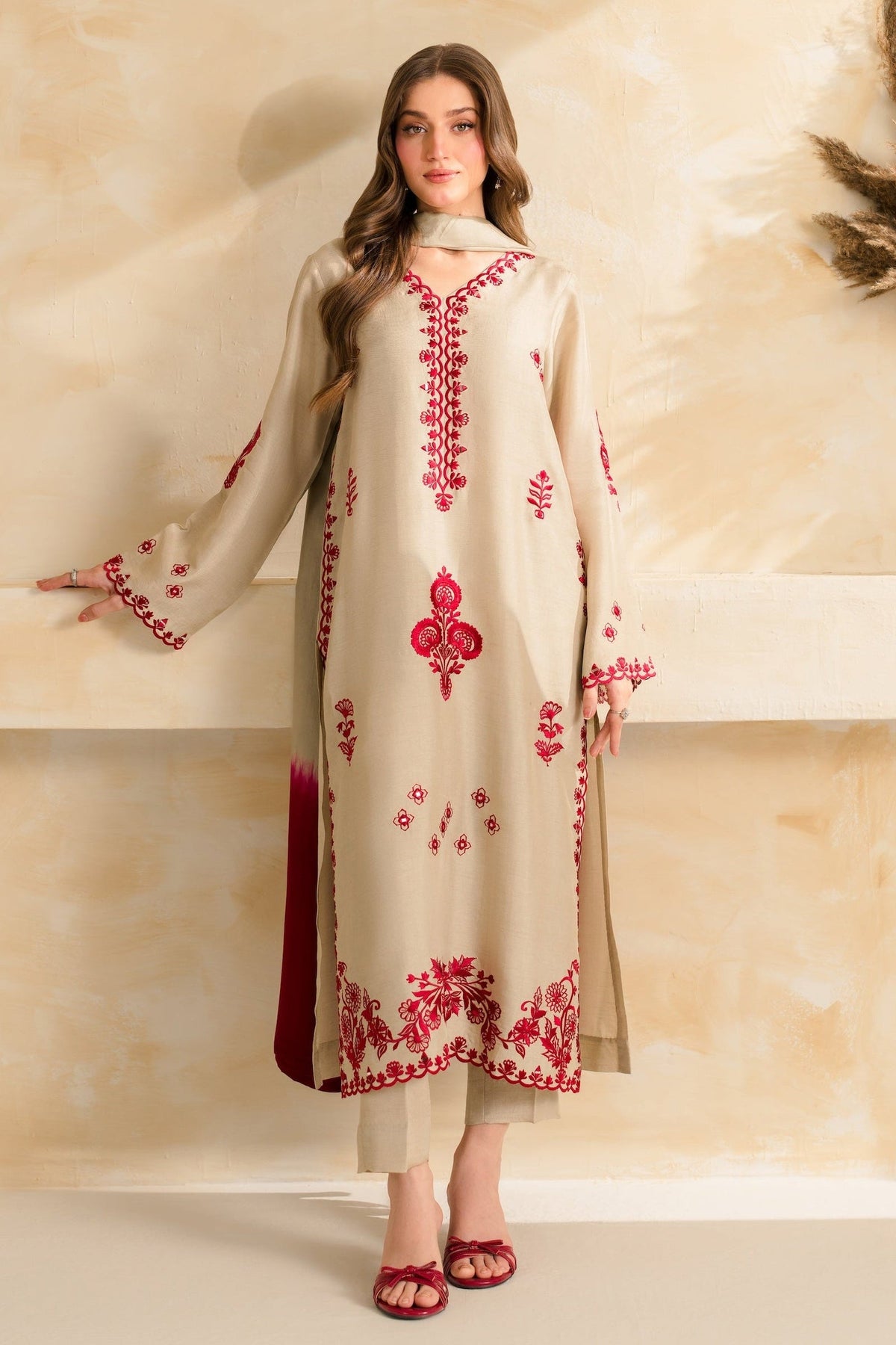 VINTAGE-3PC DHANAK EMBROIDERED SHIRT WITH CHIFFON TYE&DYE DUPATTA SHAWL AND TROUSER-BIC-5222