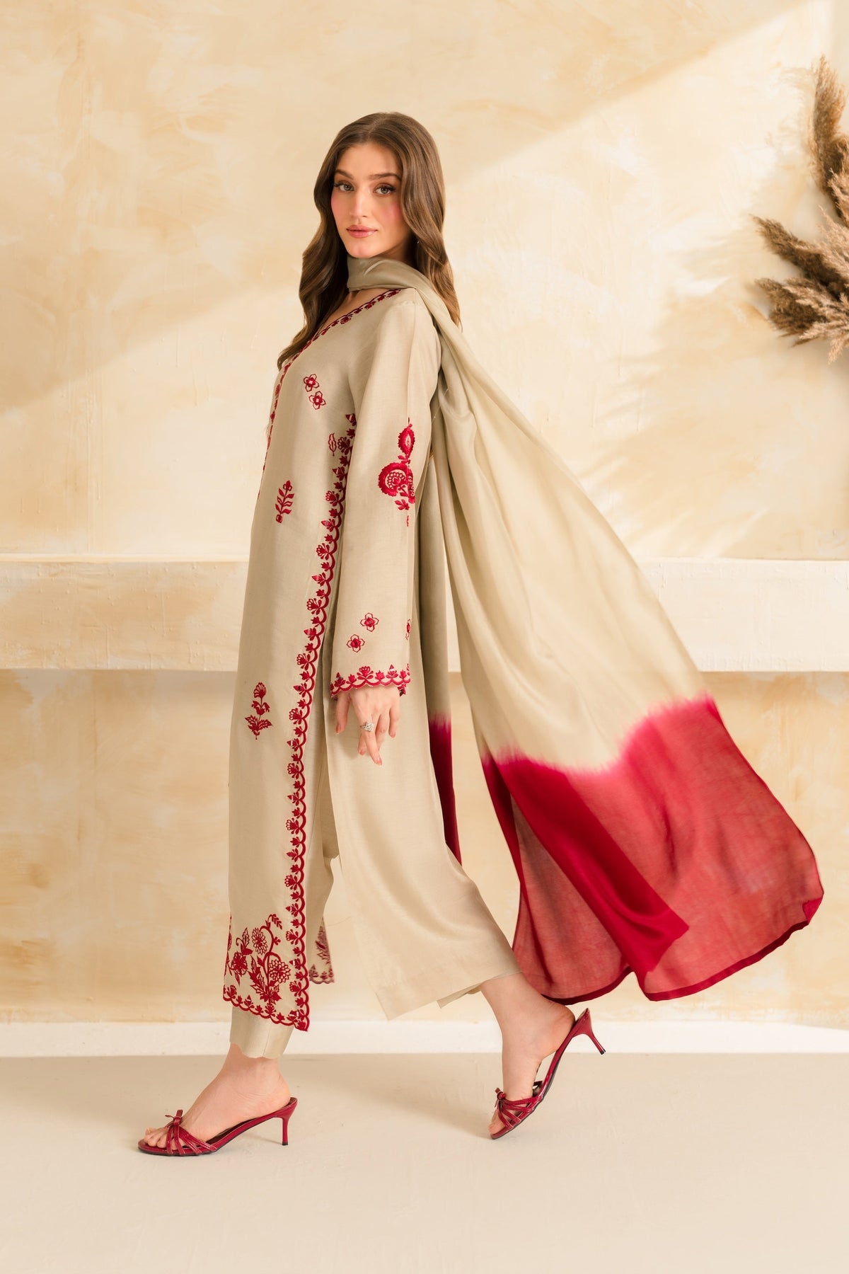 VINTAGE-3PC DHANAK EMBROIDERED SHIRT WITH CHIFFON TYE&DYE DUPATTA SHAWL AND TROUSER-BIC-5222